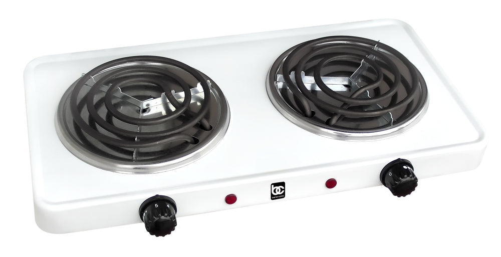 Bene Casa double electric burner in white, double burner coils, portable double electric burner, dual controls, stainless steel drip tray