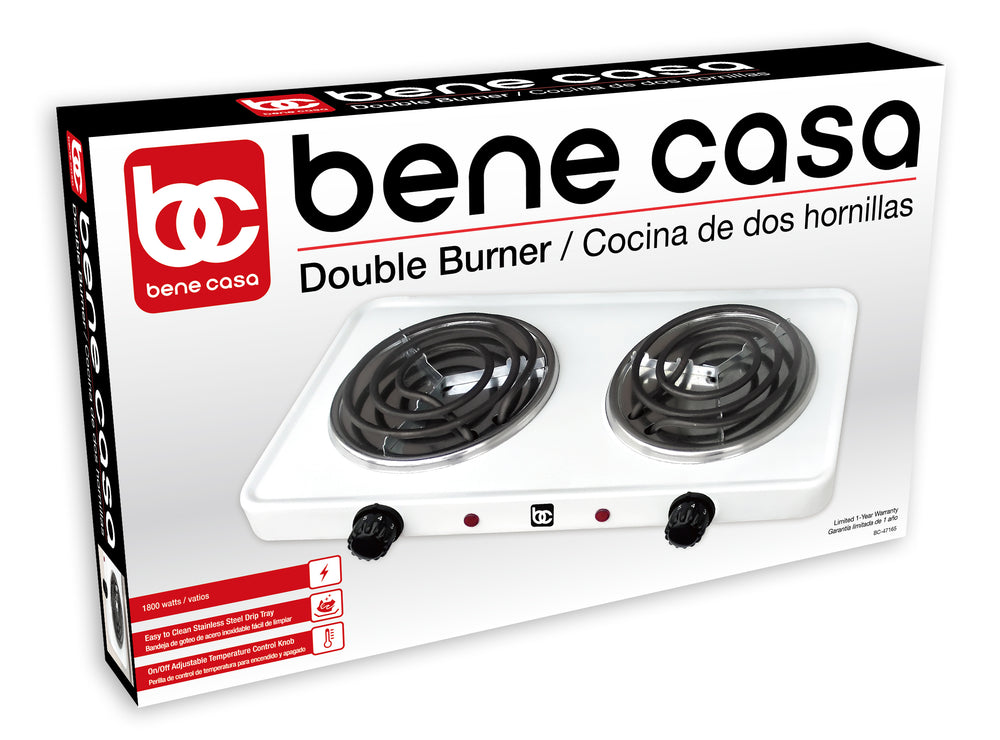 
                  
                    Bene Casa double electric burner in white, double burner coils, portable double electric burner, dual controls, stainless steel drip tray
                  
                
