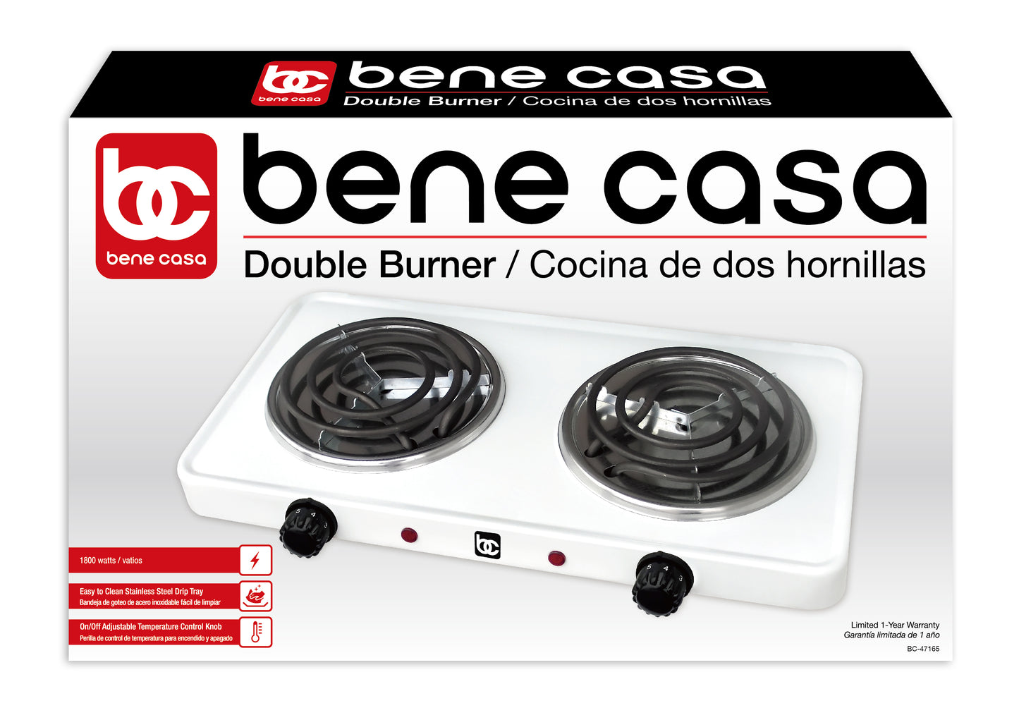 
                  
                    Bene Casa double electric burner in white, double burner coils, portable double electric burner, dual controls, stainless steel drip tray
                  
                