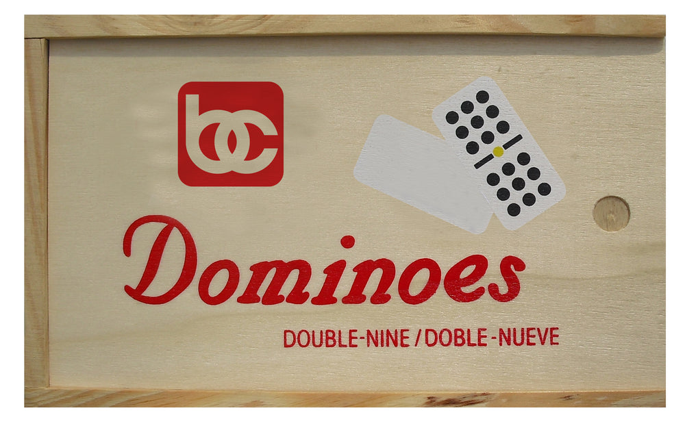 
                  
                    Bene Casa hand crafted double 9 Dominoes set in wooden storage box, white dominoes with black dots, sliding lid domino box, 55 tile domino set
                  
                