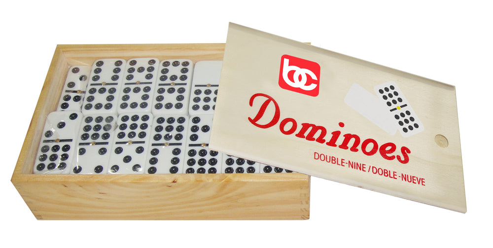 
                  
                    Bene Casa hand crafted double 9 Dominoes set in wooden storage box, white dominoes with black dots, sliding lid domino box, 55 tile domino set
                  
                