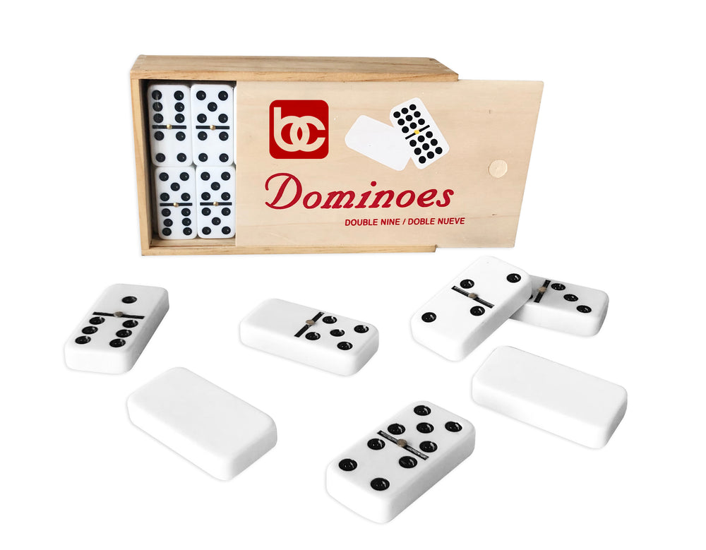
                  
                    Bene Casa hand crafted double 9 Dominoes set in wooden storage box, white dominoes with black dots, sliding lid domino box, 55 tile domino set
                  
                