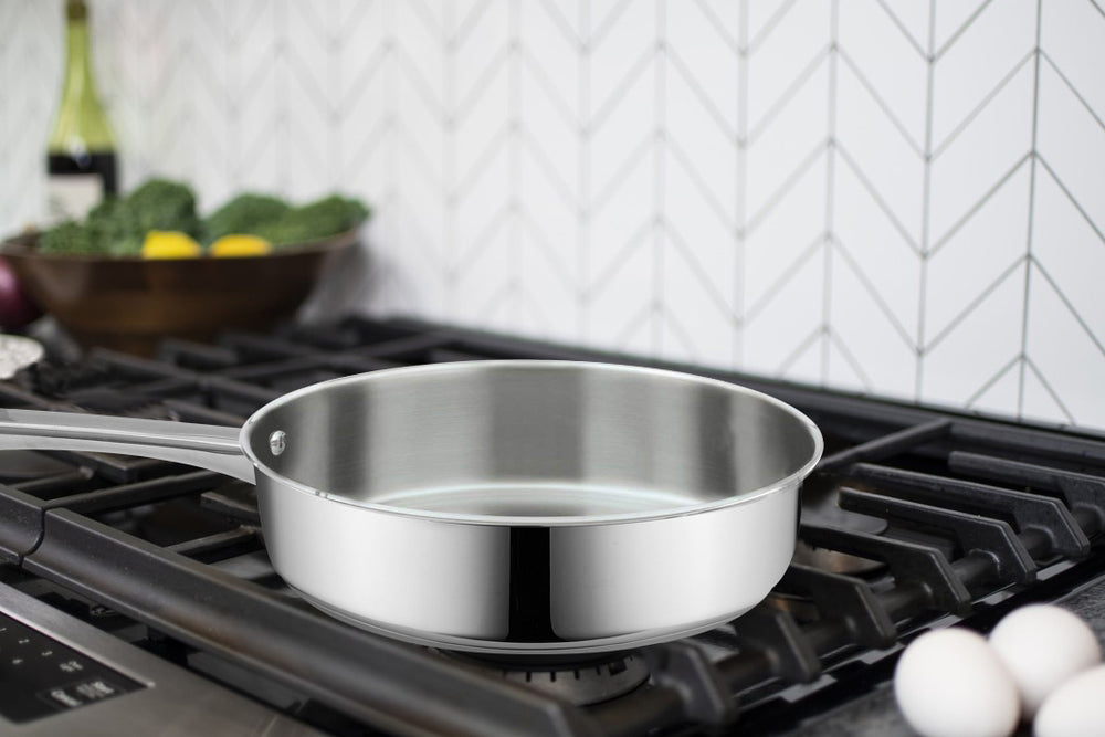 Bene Casa 10-inch stainless-steel deep-dished fry pan w/ tempered glass lid