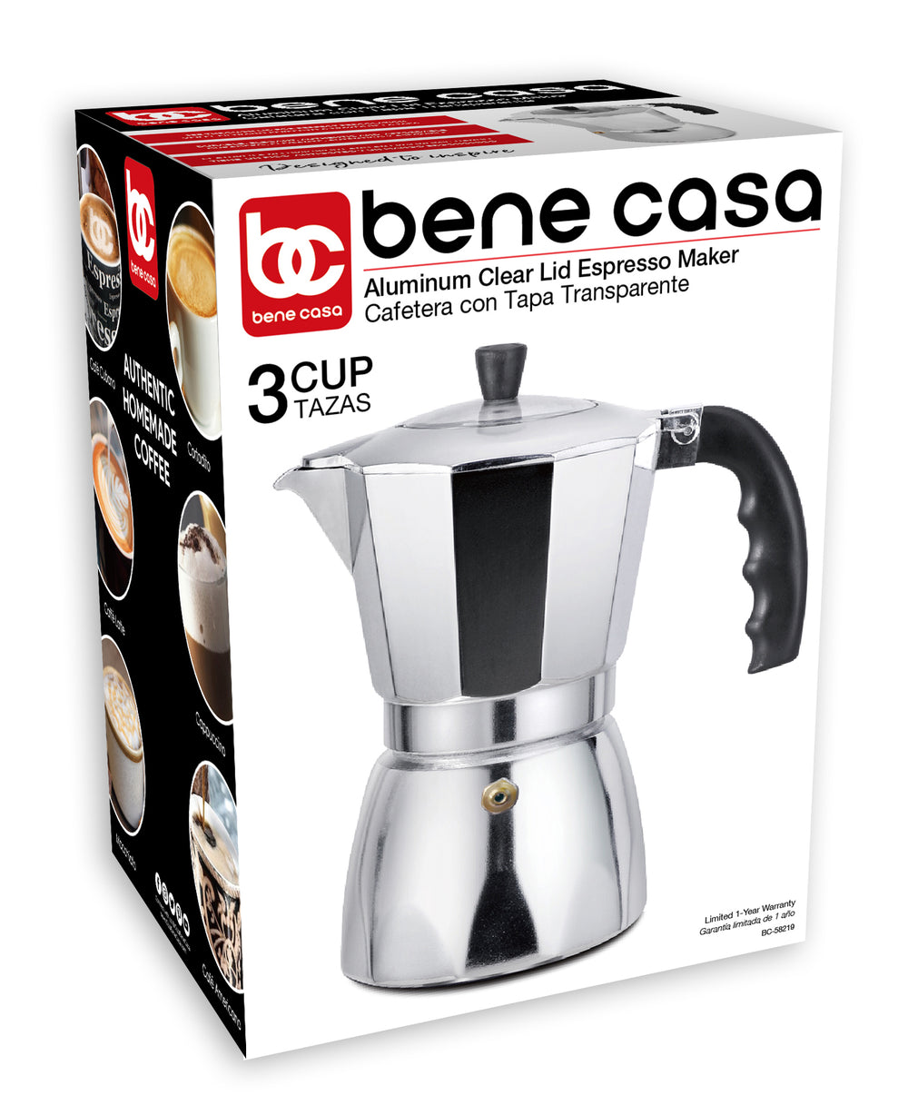 Bene Casa aluminum 3-cup espresso maker with see through lid, authentic espresso maker, easy pour, dishwasher safe stove top espresso maker