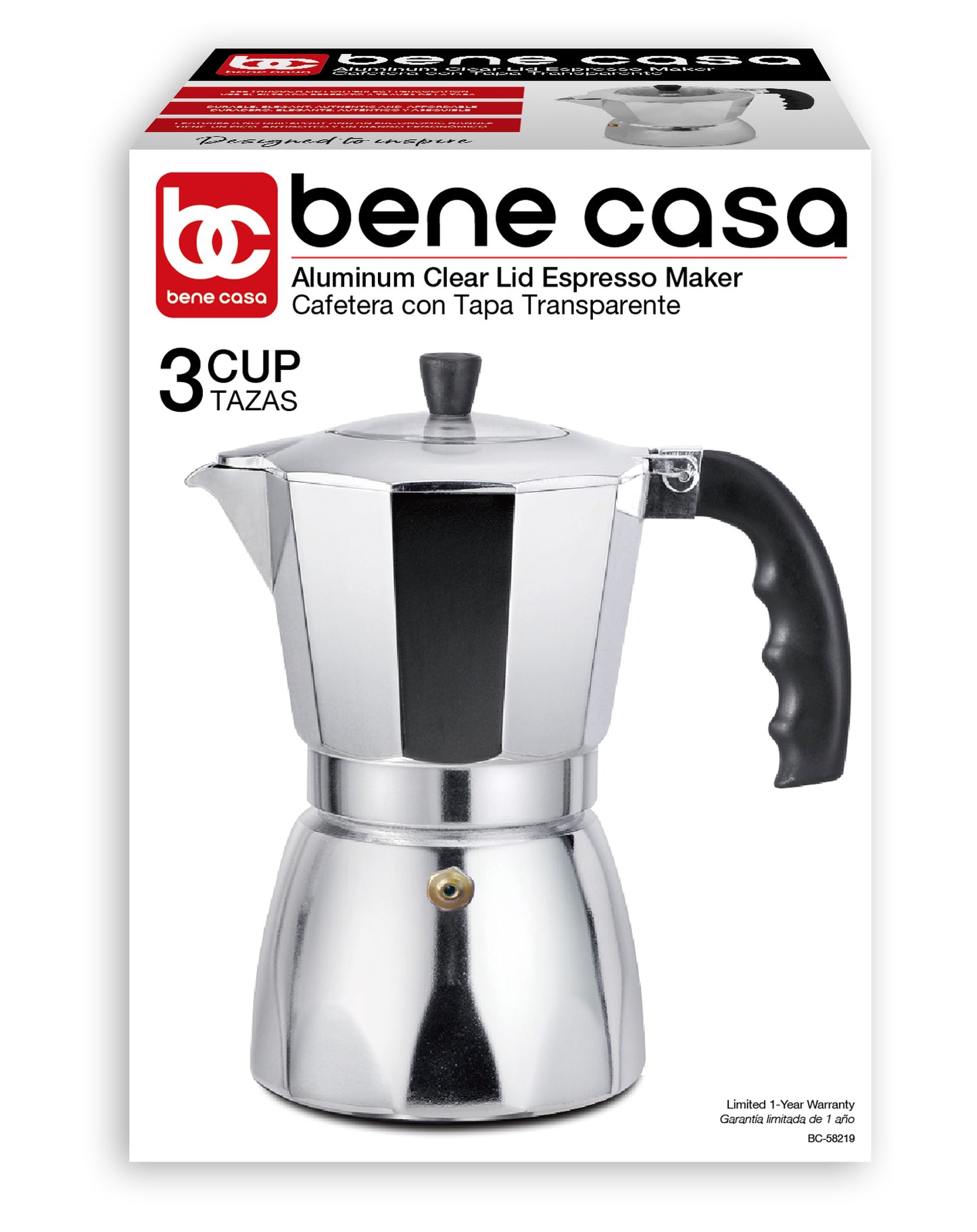 
                  
                    Bene Casa aluminum 3-cup espresso maker with see through lid, authentic espresso maker, easy pour, dishwasher safe stove top espresso maker
                  
                
