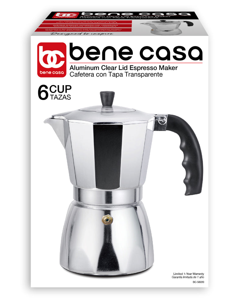 
                  
                    Bene Casa aluminum 3-cup espresso maker with see through lid, authentic espresso maker, easy pour, dishwasher safe stove top espresso maker
                  
                