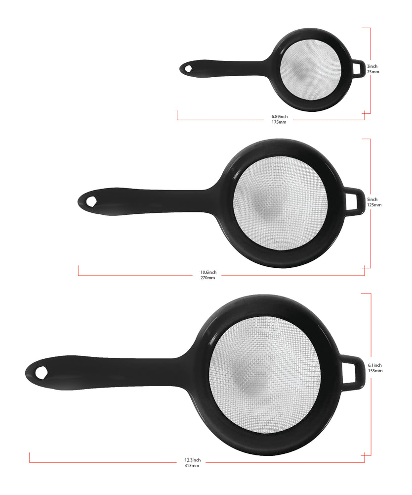 
                  
                    Bene Casa 3-piece stainless-steel mesh strainers, 3-inch, 5-inch, 6-inch strainer, extended rims, plastic handle strainers, red, white, black strainer
                  
                