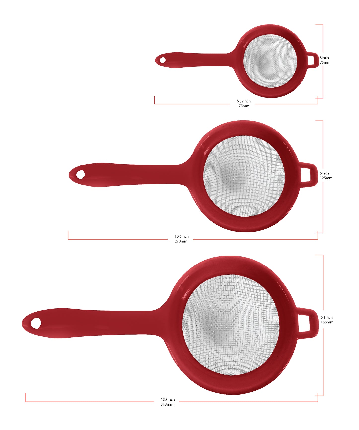 
                  
                    Bene Casa 3-piece stainless-steel mesh strainers, 3-inch, 5-inch, 6-inch strainer, extended rims, plastic handle strainers, red, white, black strainer
                  
                
