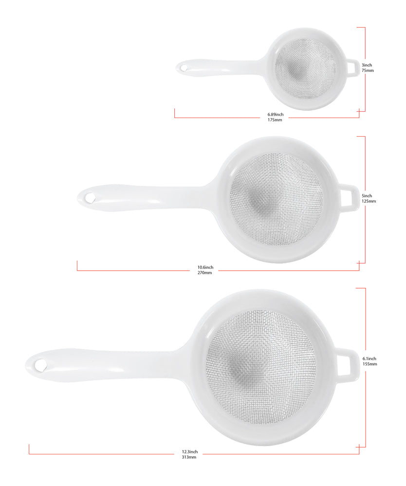 
                  
                    Bene Casa 3-piece stainless-steel mesh strainers, 3-inch, 5-inch, 6-inch strainer, extended rims, plastic handle strainers, red, white, black strainer
                  
                