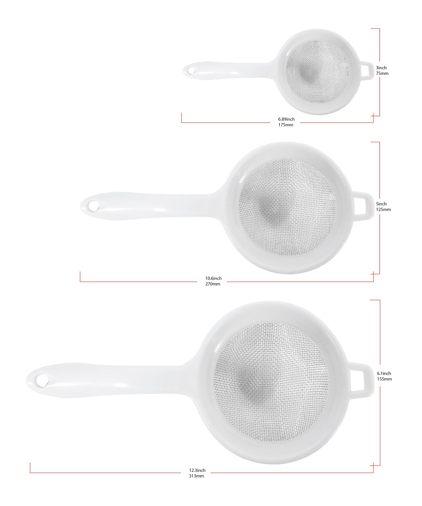 
                  
                    Bene Casa 3-piece stainless-steel mesh strainers, 3-inch, 5-inch, 6-inch strainer, extended rims, plastic handle strainers, red, white, black strainer
                  
                
