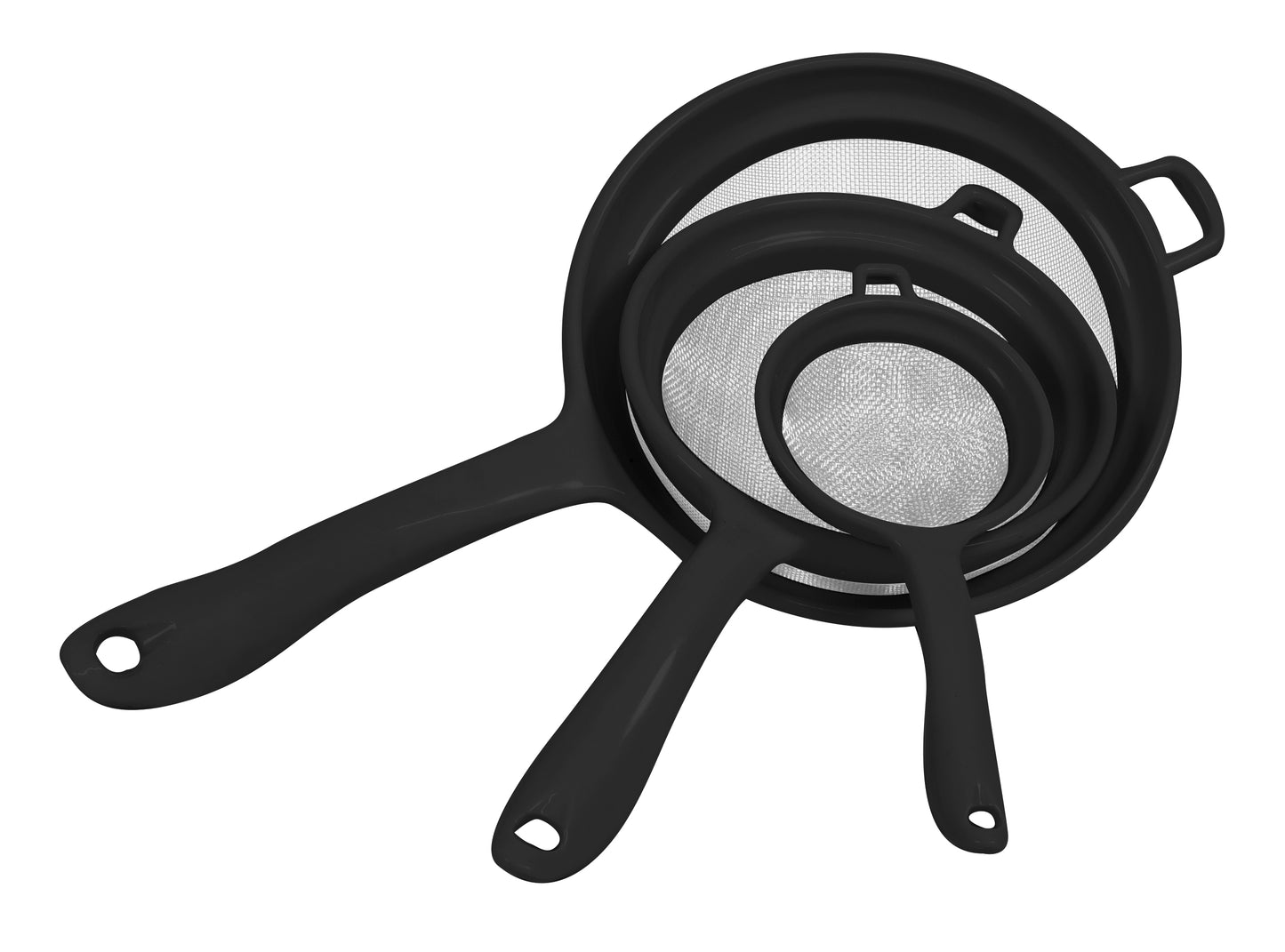 
                  
                    Bene Casa 3-piece stainless-steel mesh strainers, 3-inch, 5-inch, 6-inch strainer, extended rims, plastic handle strainers, red, white, black strainer
                  
                