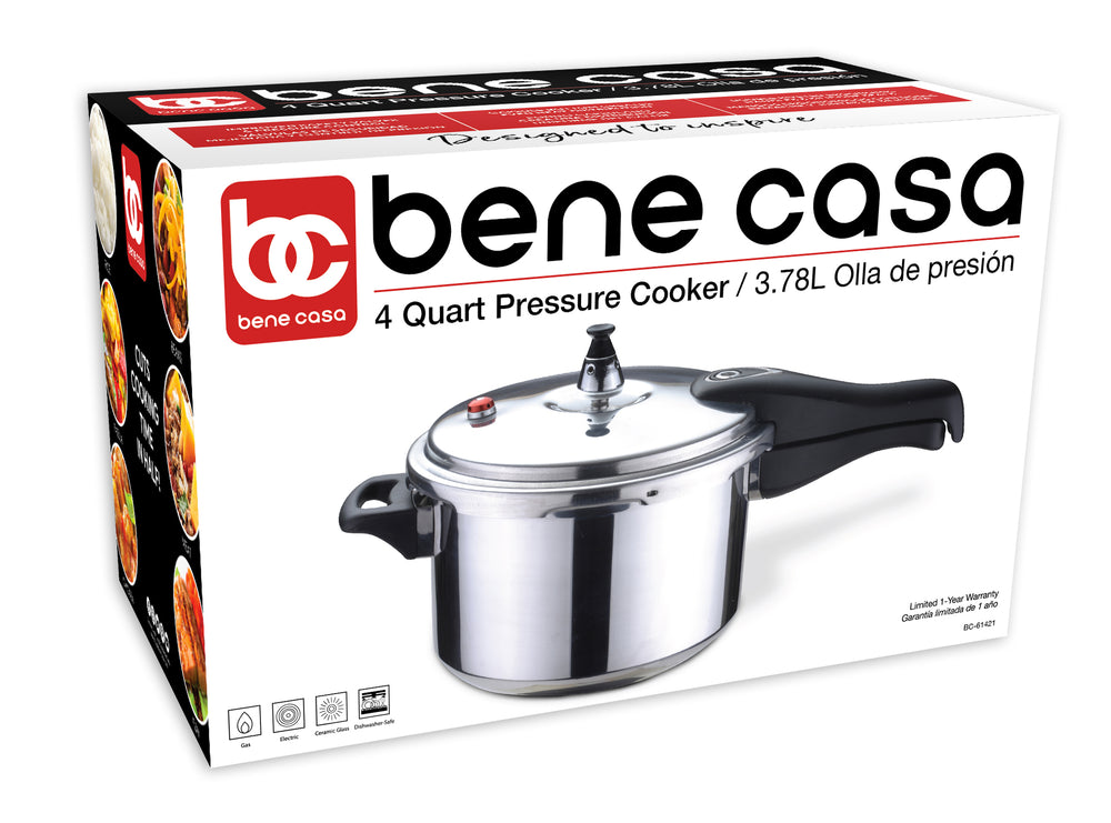 
                  
                    Bene Casa 4.2-Quart capacity aluminum pressure cooker, polished aluminum finish, stove top pressure cooker, dishwasher safe, safety lid
                  
                
