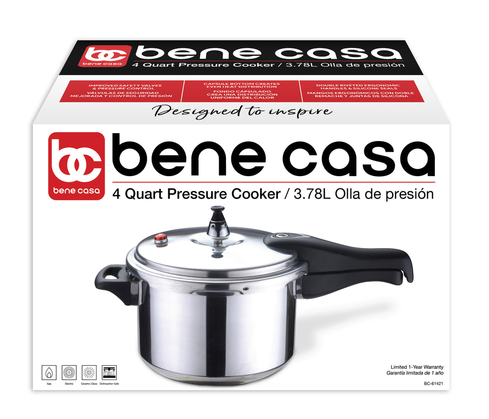 
                  
                    Bene Casa 4.2-Quart capacity aluminum pressure cooker, polished aluminum finish, stove top pressure cooker, dishwasher safe, safety lid
                  
                