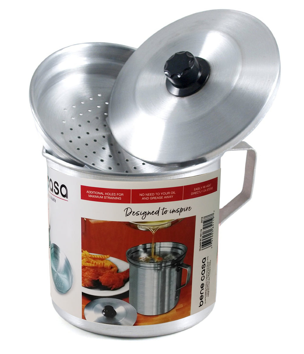 Bene casa 1-quart aluminum oil strainer, 32oz oil dispenser, filter, drip free oil strainer, frying oil filter, cooking oil storage