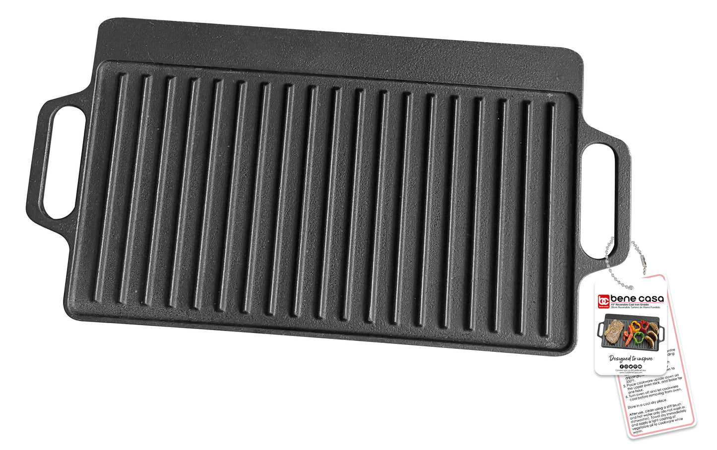 
                  
                    Bene Casa 15-inch reversable cast-iron griddle, fine grain cast-iron, griddle for double burners, campfire griddle, oven griddle, easy grip handles
                  
                