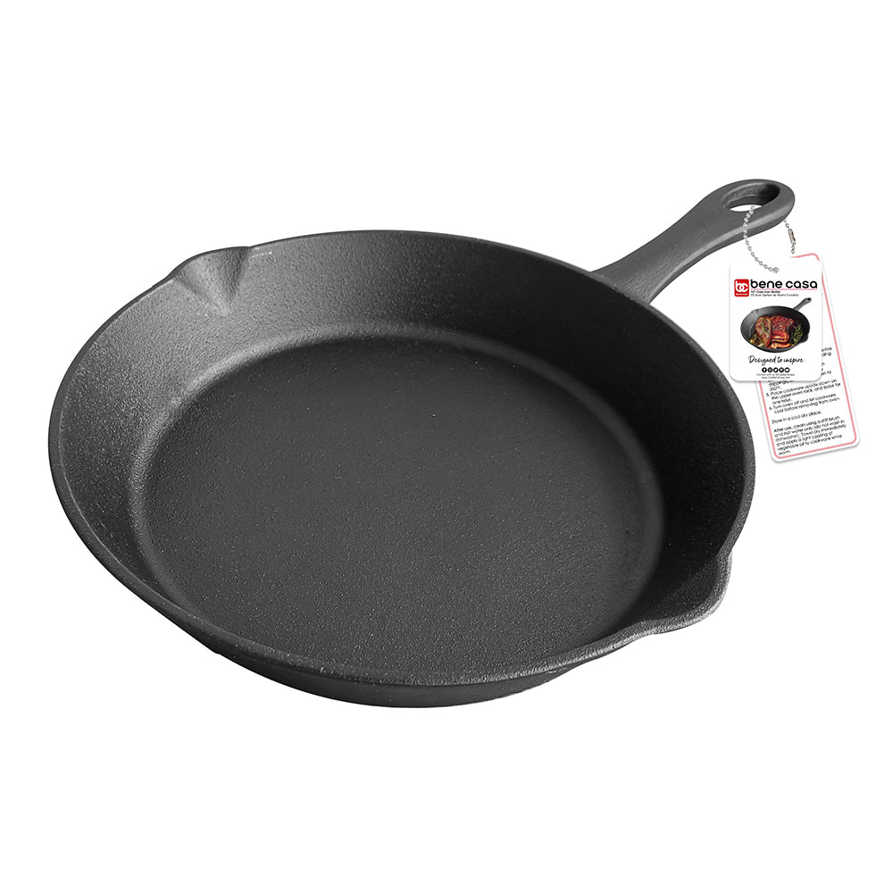 Bene Casa 10-inch cast iron skillet with long handle, pre-seasoned skillet, suitable for all cooking surfaces, pouring spout, smooth skillet