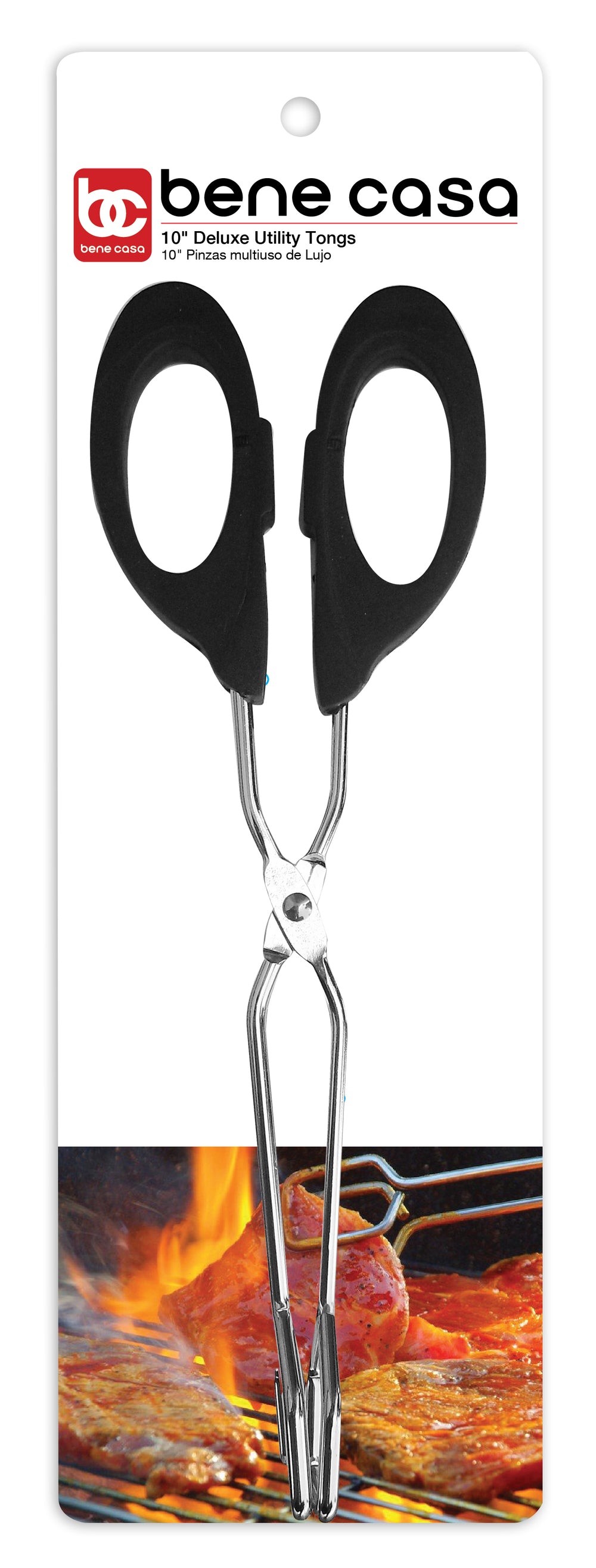 Bene Casa 10-inch metal tong, wide tip, heat-resistant handle, scissor design