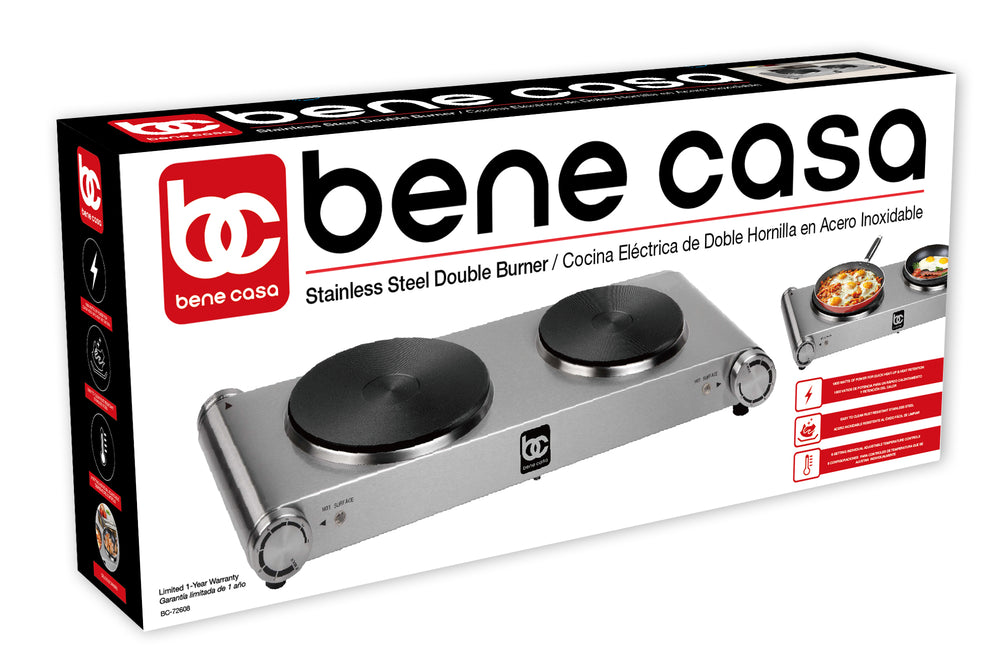 Bene Casa double electric burner, double burner coils, stainless steel