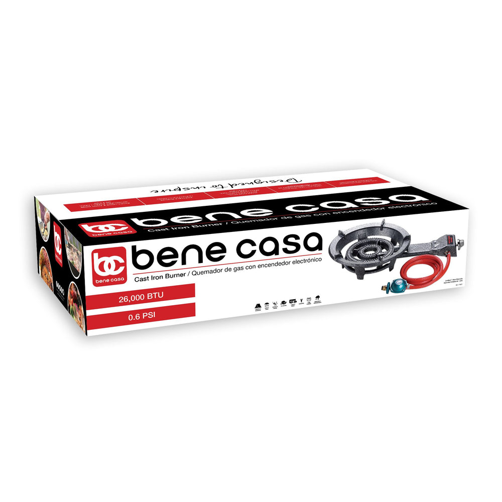 
                  
                    Bene Casa heavy-duty cast iron burner, turn key ignition burner, adjustable flame, low pressure regulator with extra-long hose, 26000 BTU
                  
                