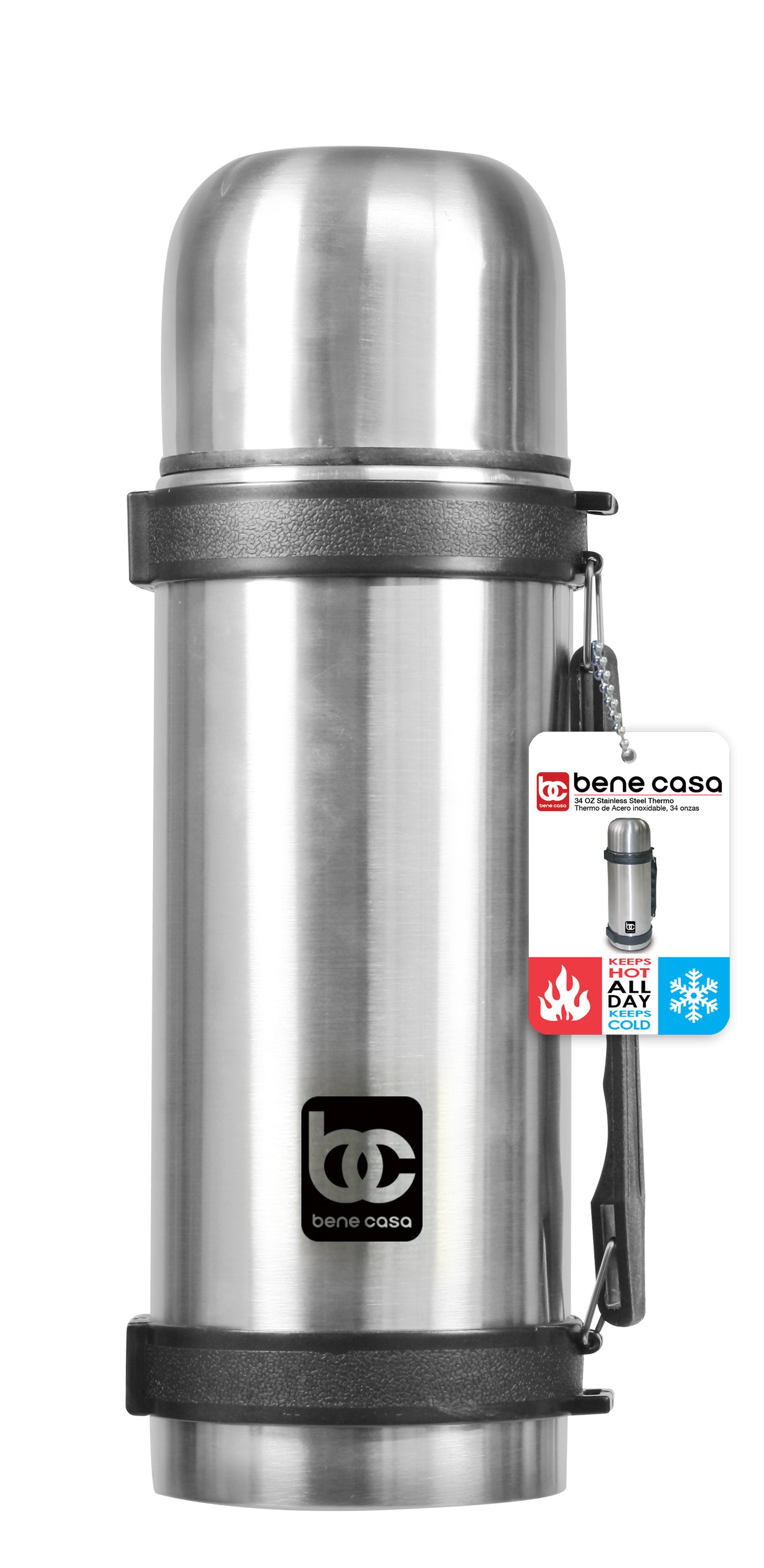 
                  
                    Bene Casa 34oz stainless-steel thermo with handle, carry strap and serving cup, unbreakable, cool touch thermo, hot or cold thermo
                  
                