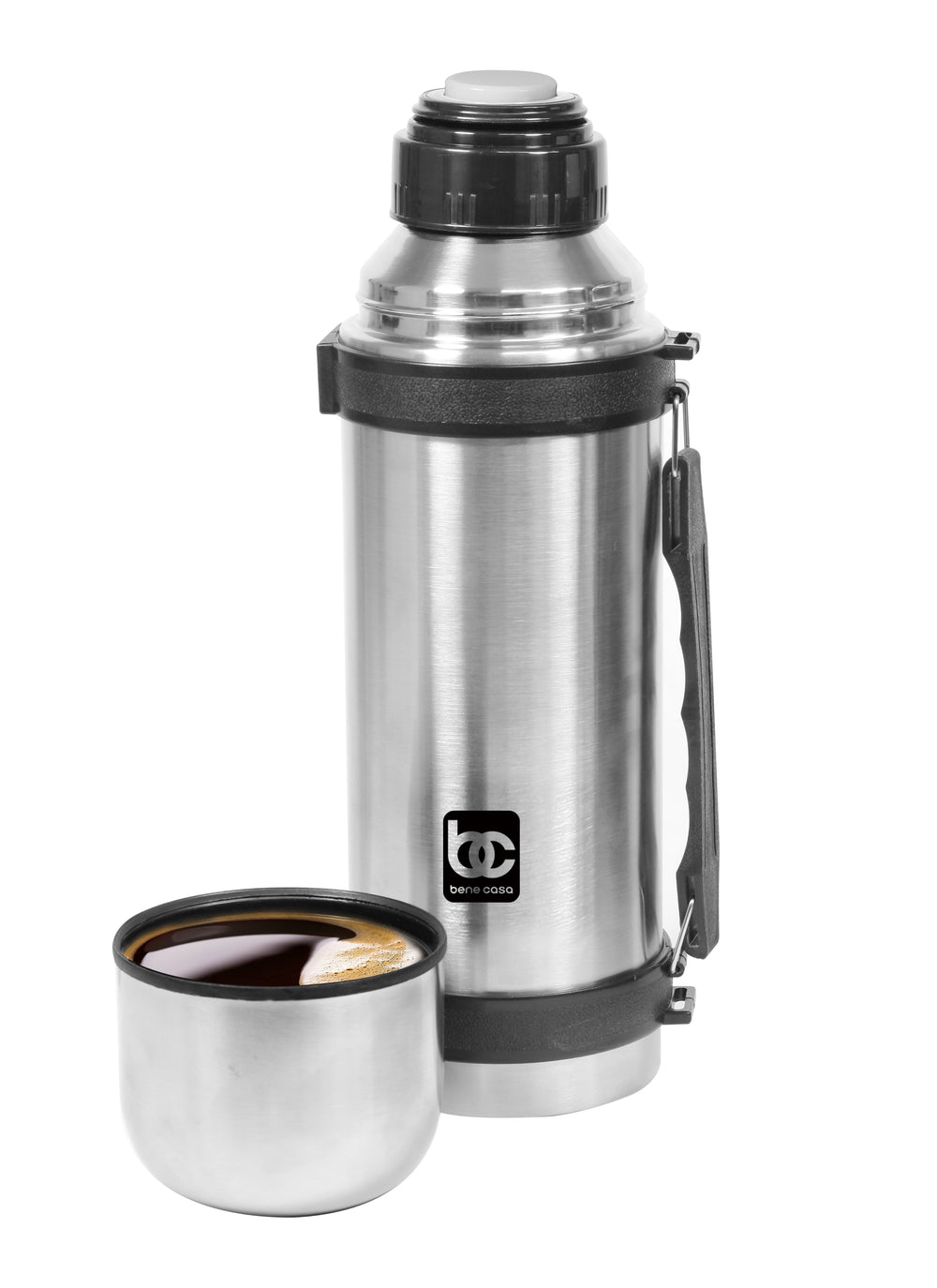 Bene Casa 34oz stainless-steel thermo with handle, carry strap and serving cup, unbreakable, cool touch thermo, hot or cold thermo