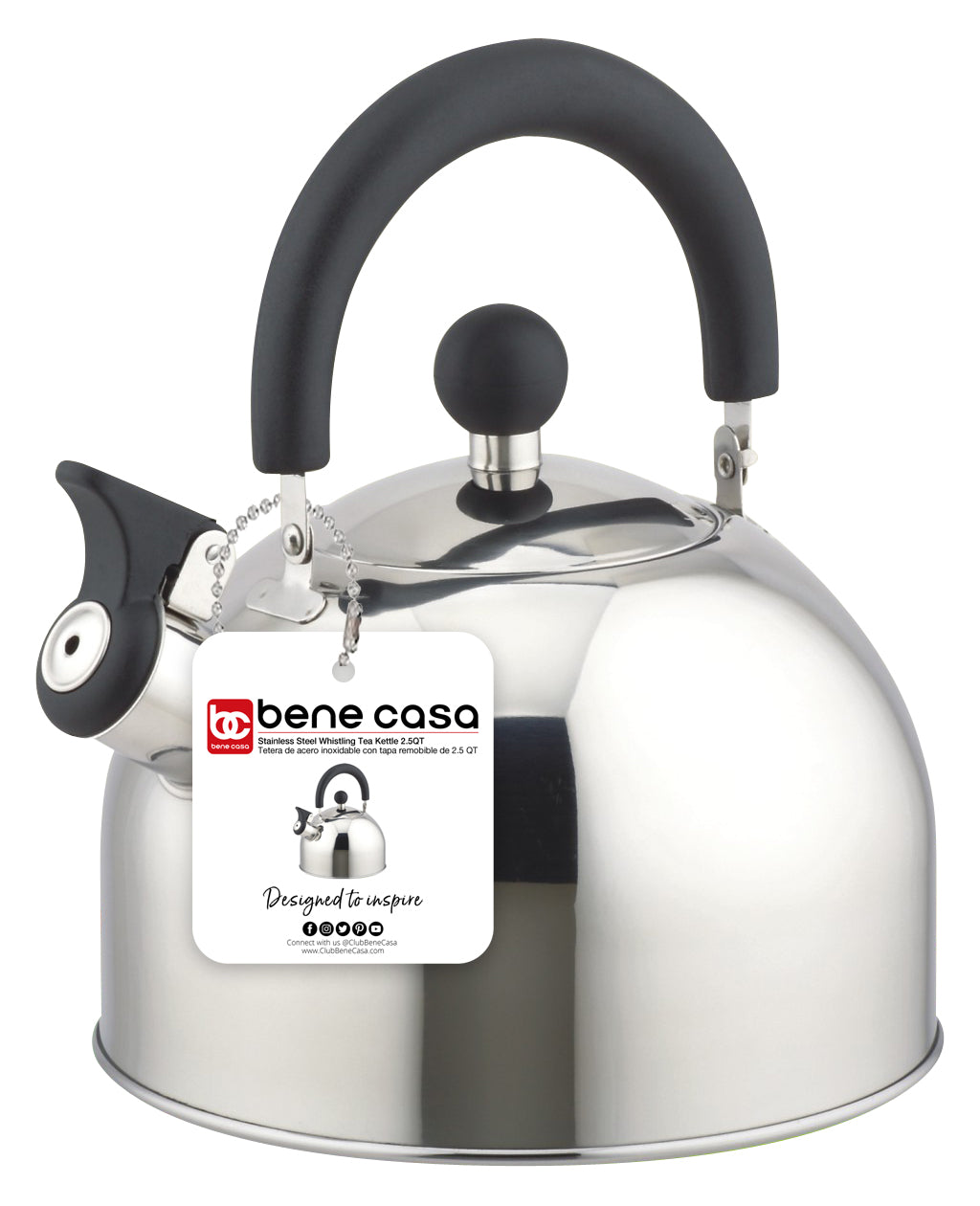 
                  
                    Bene Casa traditional, 2.5-quart stainless-steel whistling tea kettle, removable lid, stovetop kettle, cool touch handle, dishwasher safe kettle
                  
                