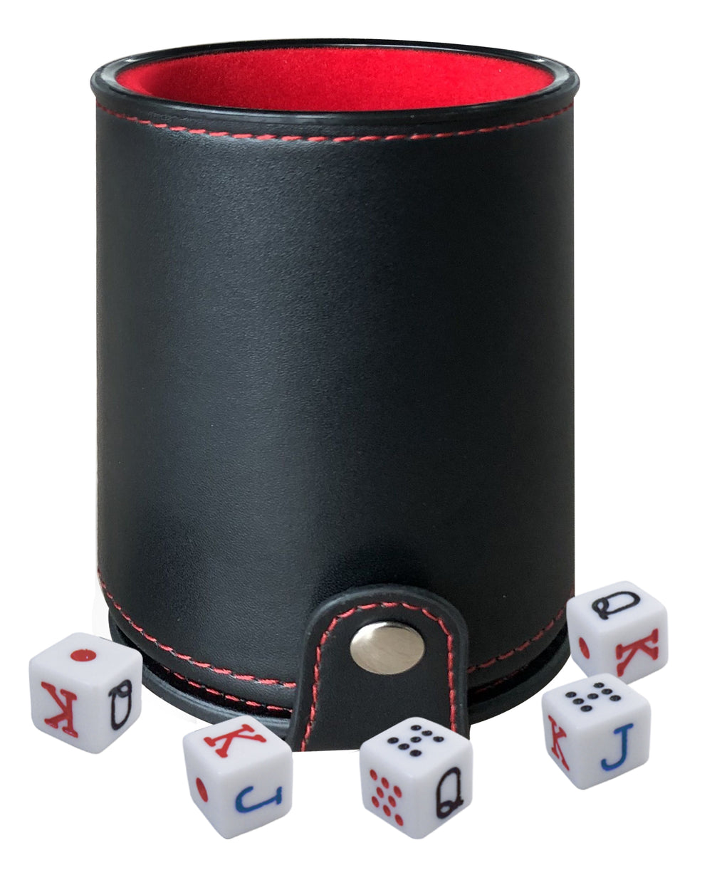Bene Casa lined, professional dice cup with set of 5 poker dice, Cubilete poker set, poker dice storage in cup, quality poker dice