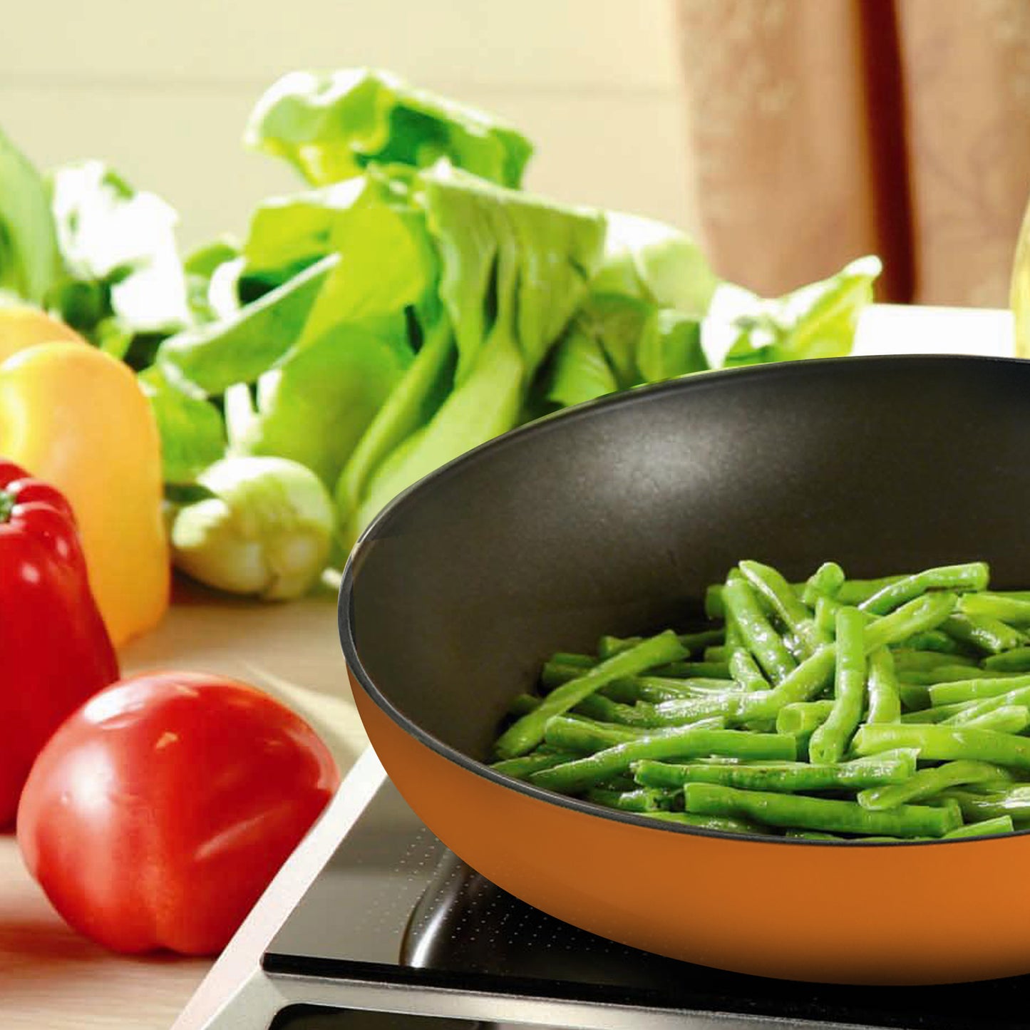 
                  
                    Bene Casa 12-inch diameter Frypan, non-stick frypan with heat resistant handle, easy clean, green, yellow or orange frypan
                  
                