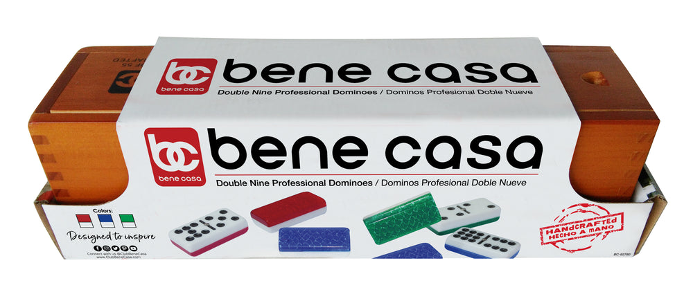 Bene Casa 55-piece, handcrafted professional double-9 domino set in wooden storage box, brass spinner dominoes, extra thick dominoes