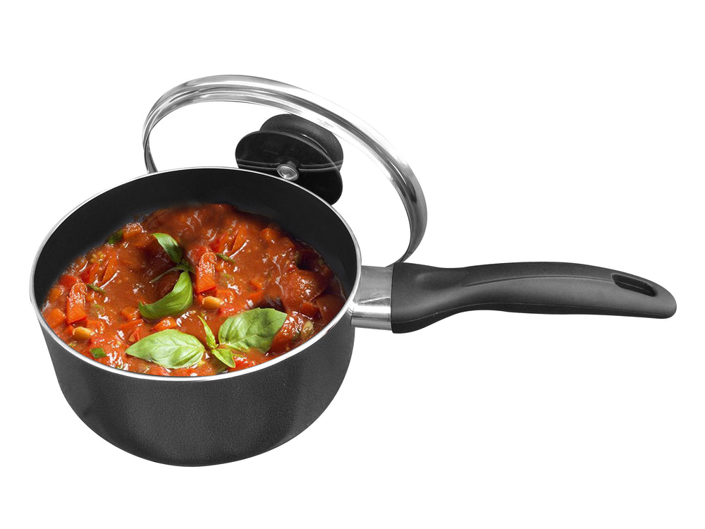 Bene Casa 2-quart aluminum sauce pan with glass lid, tempered glass lid, charcoal black, heat resistant handle sauce pan, oven safe, dishwasher safe