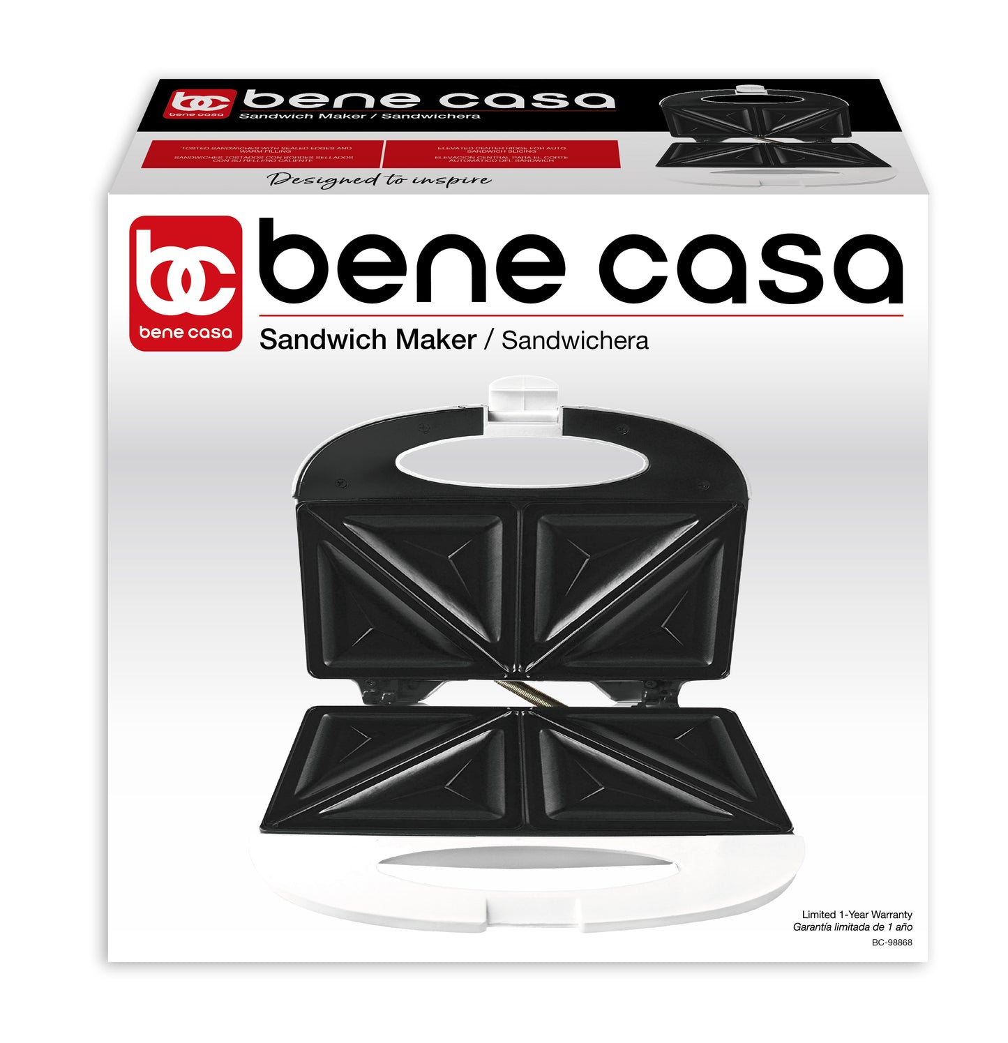 
                  
                    Bene Casa white cool touch sandwich maker, nonstick sandwich maker, automatic sandwich maker, compact storage and locking lid
                  
                