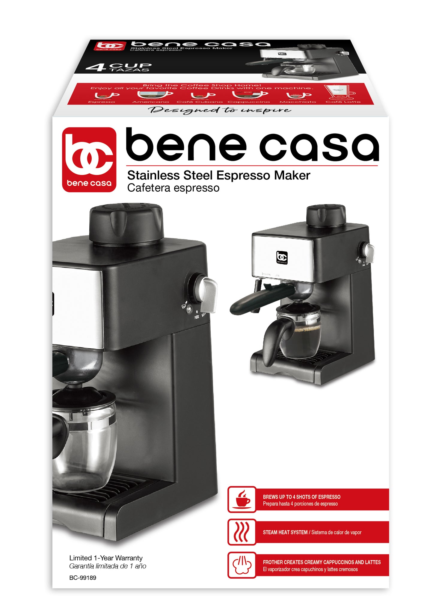 
                  
                    Bene Casa 4-cup electric espresso maker with milk frother, black with stainless steel espresso maker, cappuccino maker, latte maker
                  
                