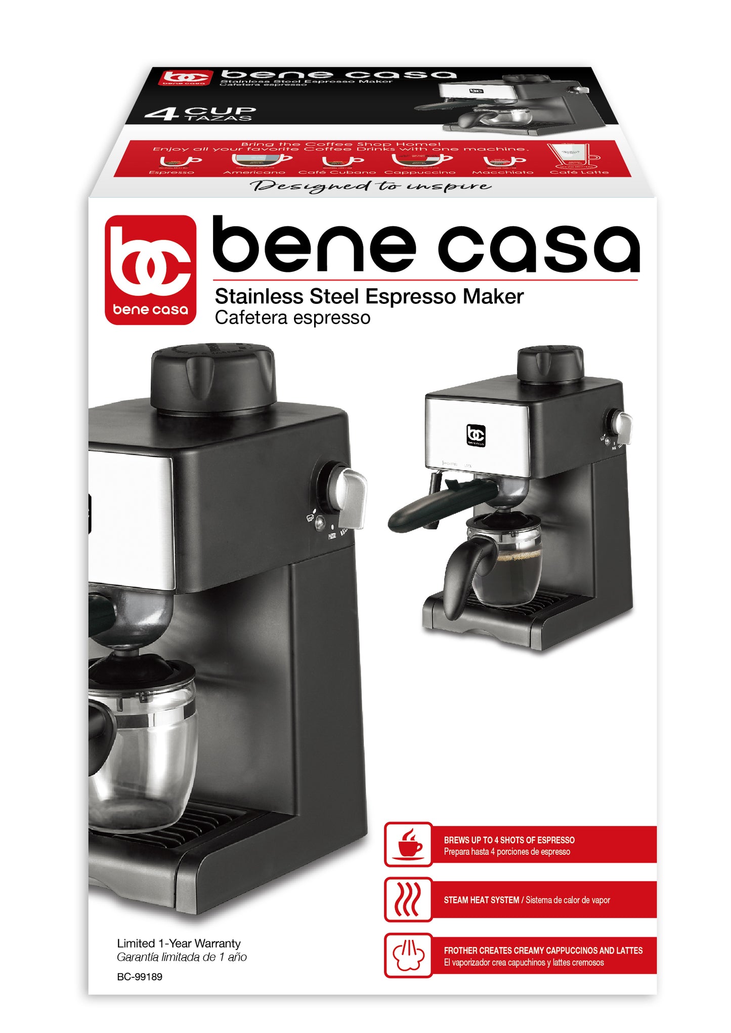 Bene Casa 4-cup espresso maker; milk frother, cappuccino, coffee, latt