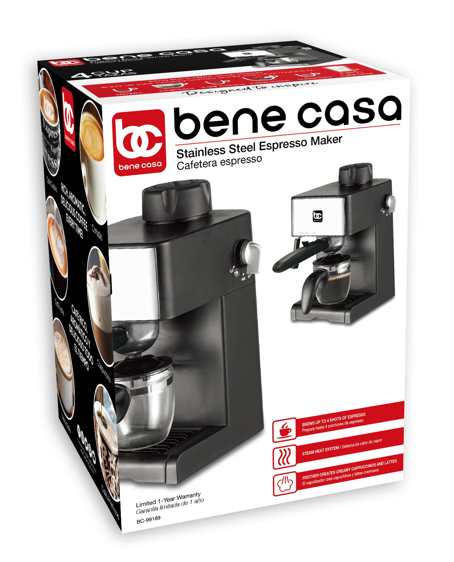 Bene Casa 4-cup espresso maker; milk frother, cappuccino, coffee, latt