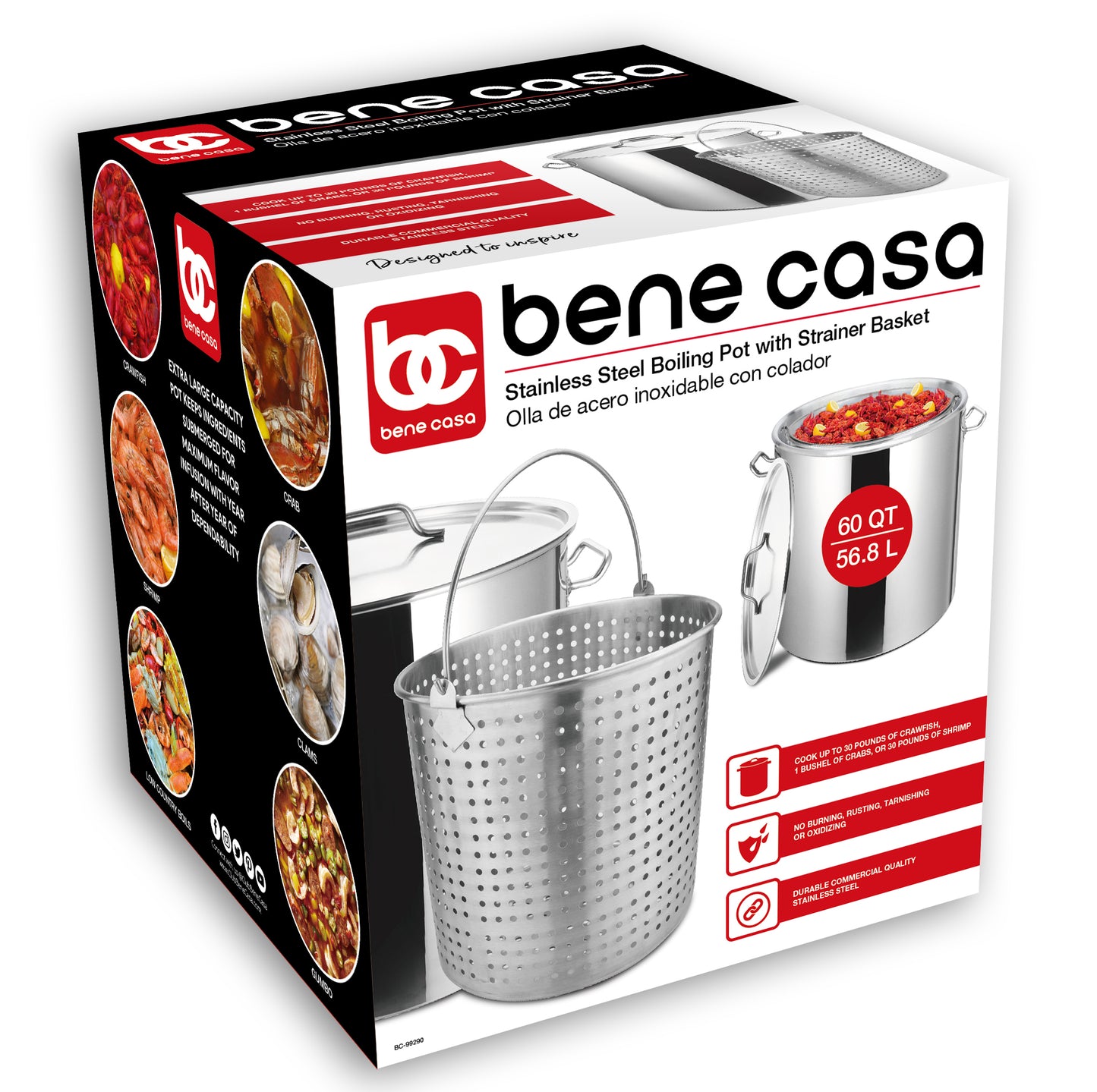 Bene Casa 60Qt Stainless Steel Boiling Pot with Strainer Basket and Lid