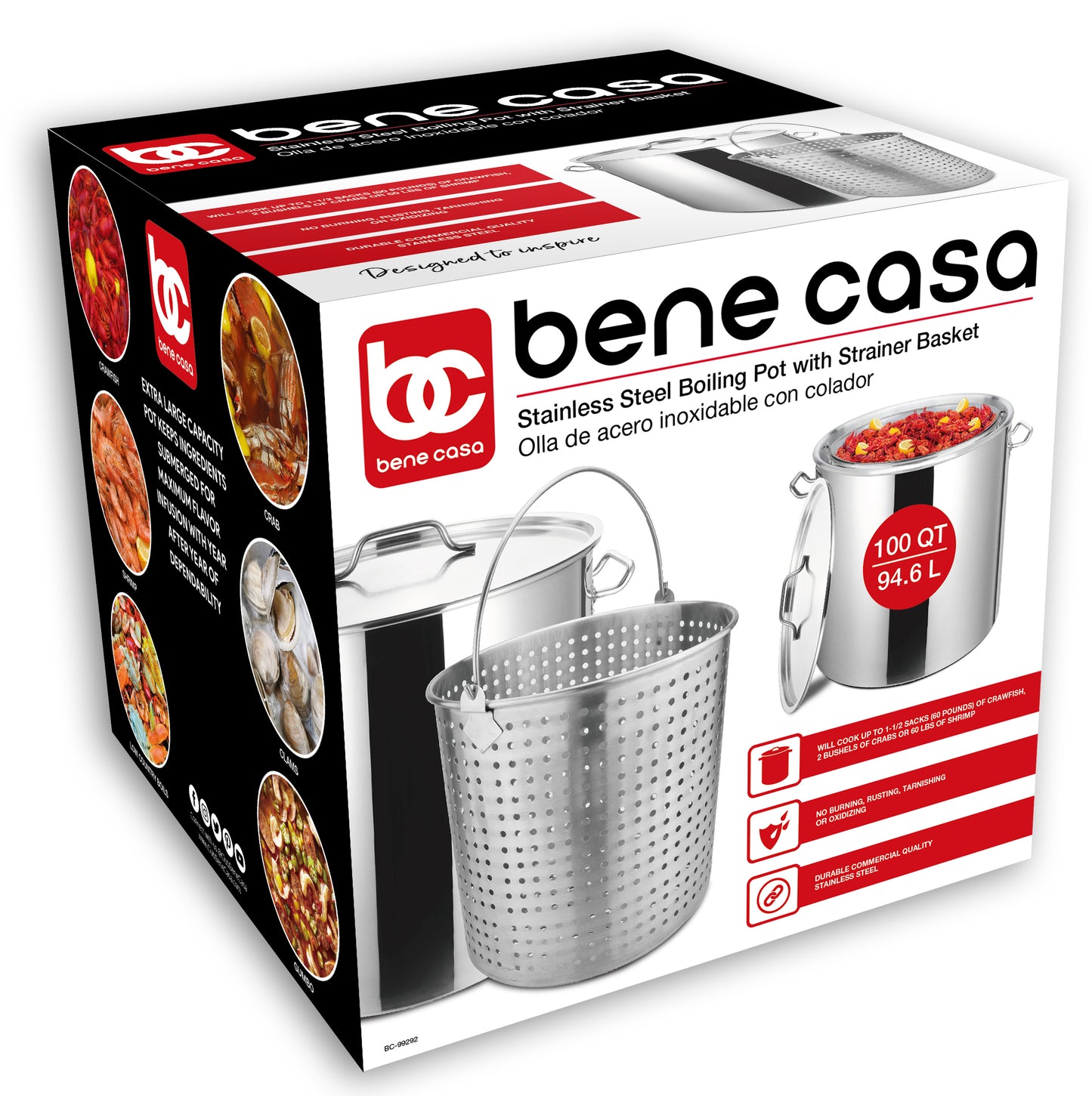 Bene Casa Stainless-Steel Stock Pot w/ lid, 8-quart capacity, reinforc