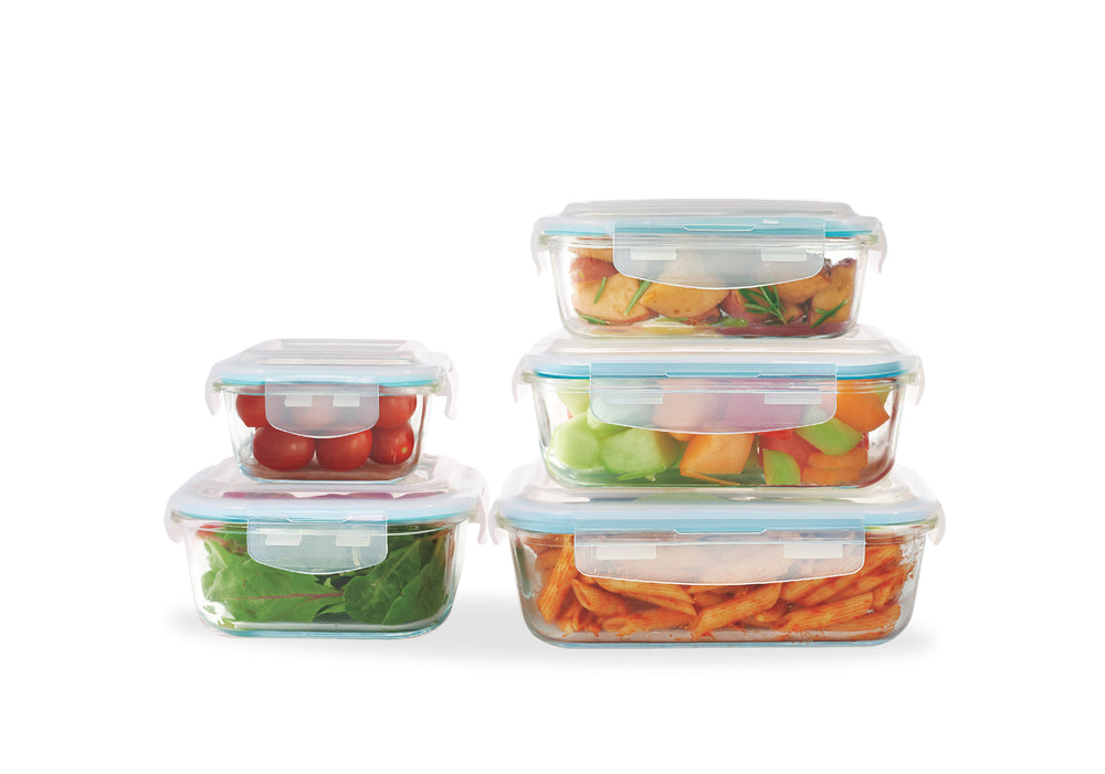 Bene Casa 10-piece glass food storage container set, air tight led containers, oven safe, microwave safe, freezer safe, dishwasher safe