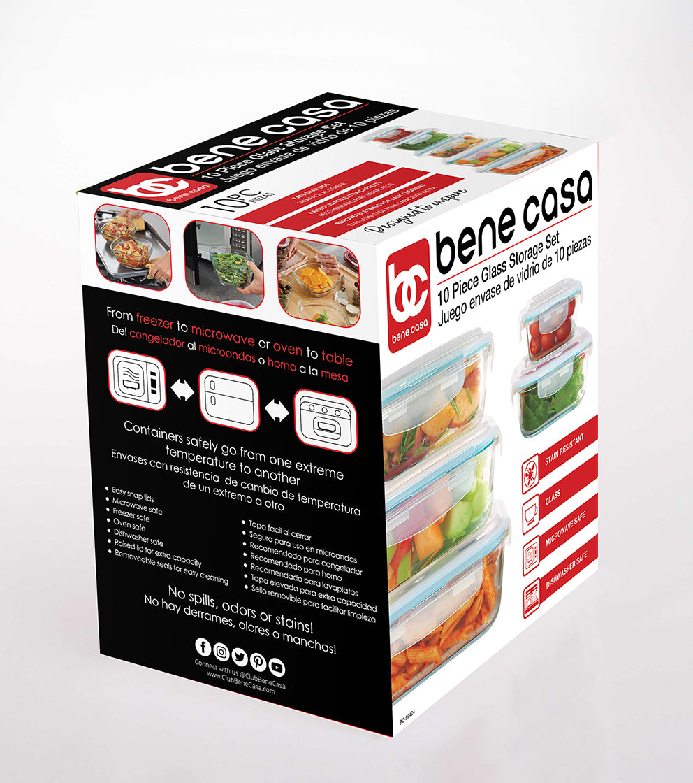 
                  
                    Bene Casa 10-piece glass food storage container set, air tight led containers, oven safe, microwave safe, freezer safe, dishwasher safe
                  
                