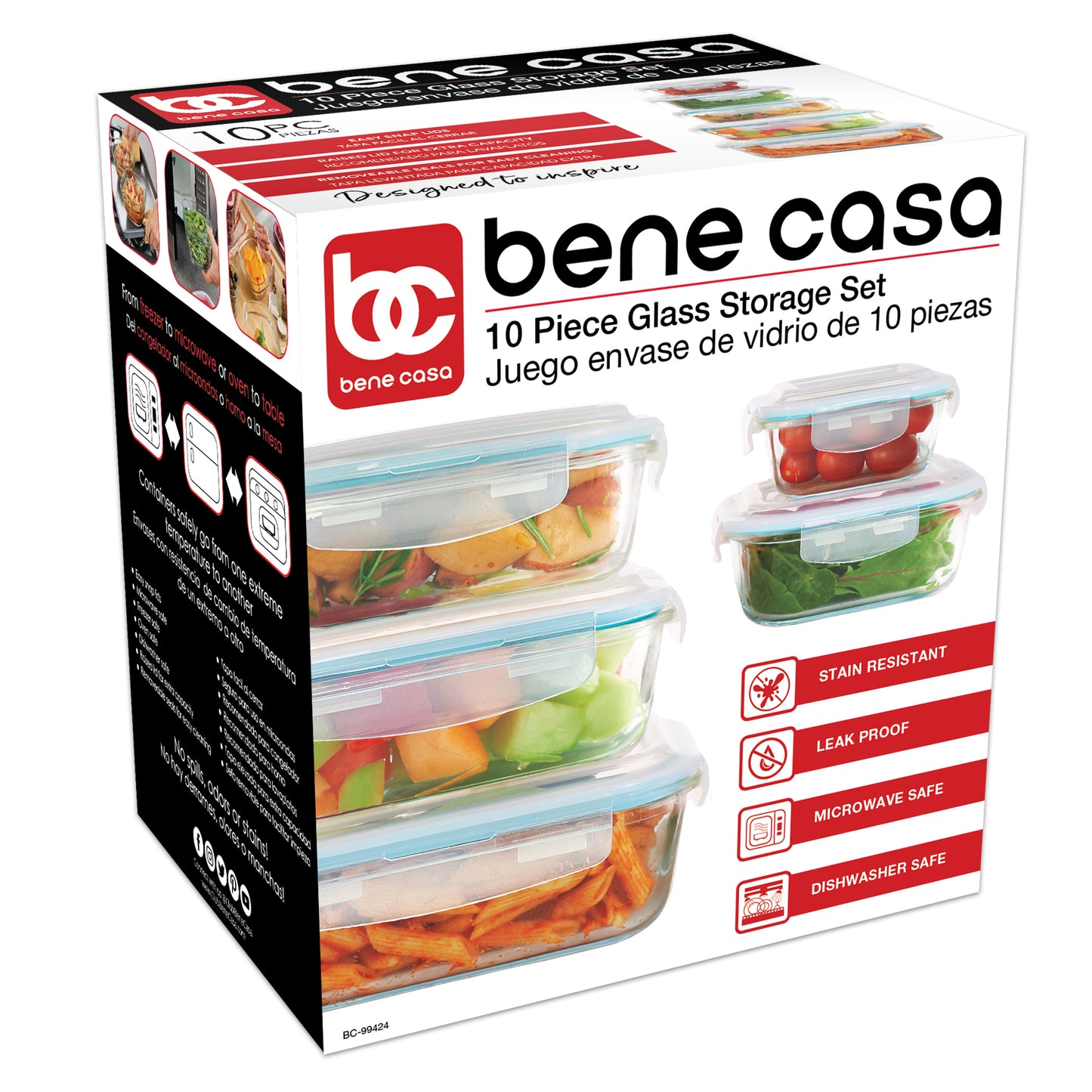 
                  
                    Bene Casa 10-piece glass food storage container set, air tight led containers, oven safe, microwave safe, freezer safe, dishwasher safe
                  
                