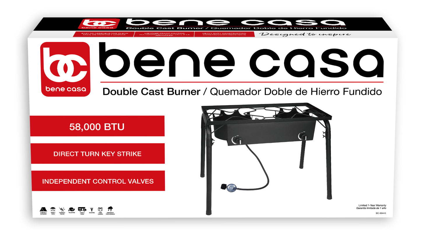 
                  
                    Bene Casa double cast iron burner, direct strike ignition, weatherproof double gas burner, high pressure regulator burners, heavy duty cast iron
                  
                
