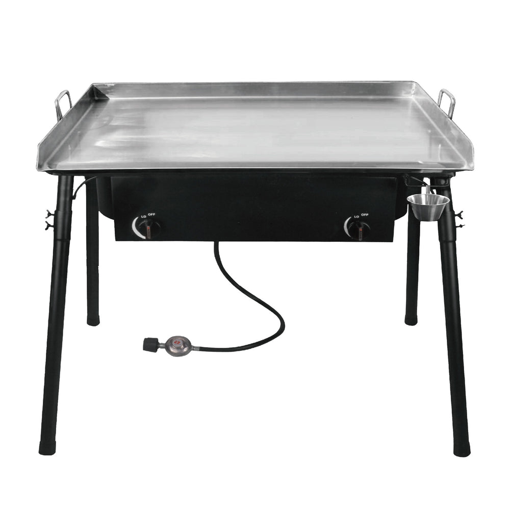 Bene Casa cast-iron double burner with griddle set, stainless steel double griddle, weatherproof, low pressure regulator, 55000 BTU double burner