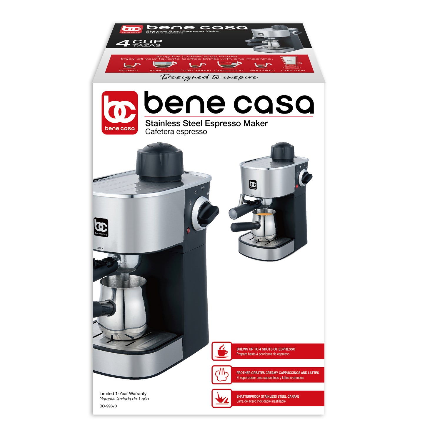 Bene Casa 4-cup stainless-steel espresso maker; cappuccino, latte , co