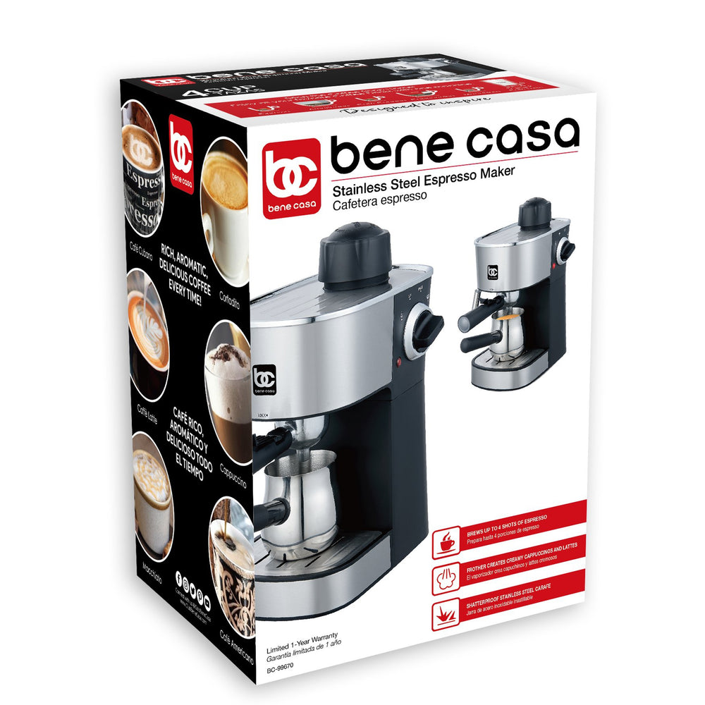 
                  
                    Bene Casa 4-cup stainless-steel espresso maker with steam frother function, cappuccino maker, latte maker, automatic coffee maker
                  
                