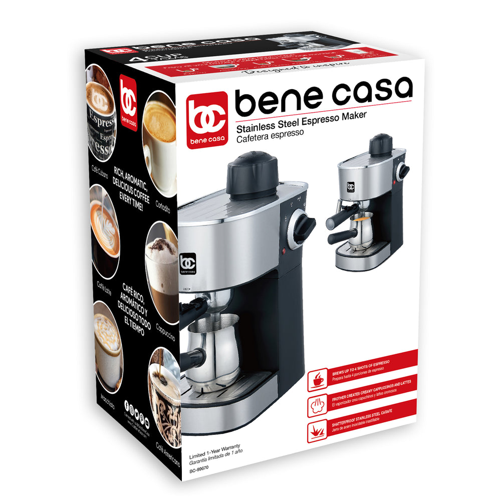 Bene Casa 4-cup stainless-steel espresso maker; cappuccino, latte , coffee maker