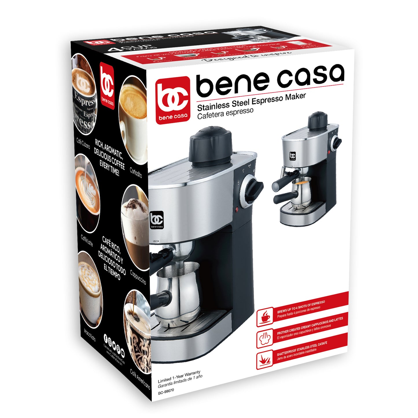 Bene Casa 4-cup espresso maker; milk frother, cappuccino, coffee, latt
