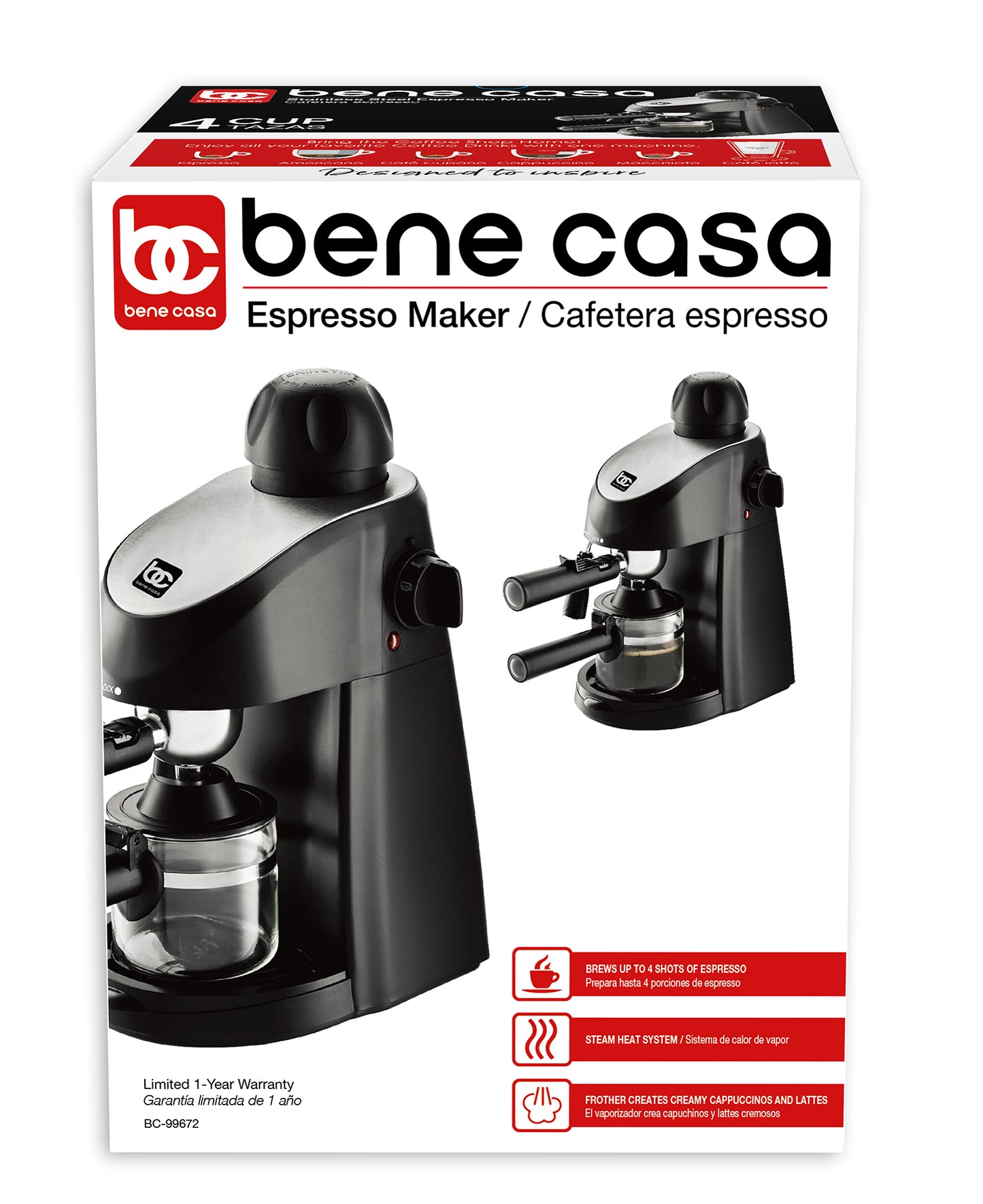
                  
                    Bene Casa 4-cup espresso maker, black, milk frother, glass carafe coffee maker, cappuccino maker, easy clean coffee maker
                  
                