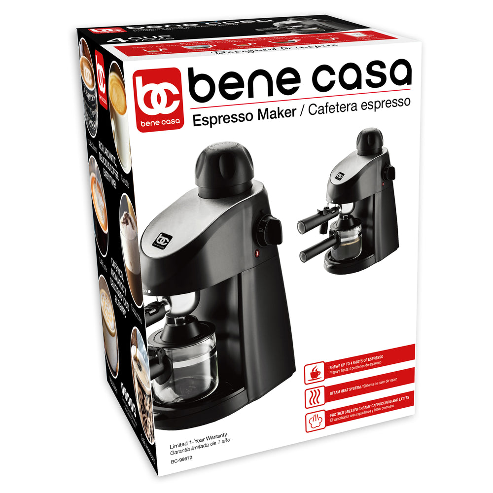 Bene Casa 4-cup electric espresso maker with milk frother, black