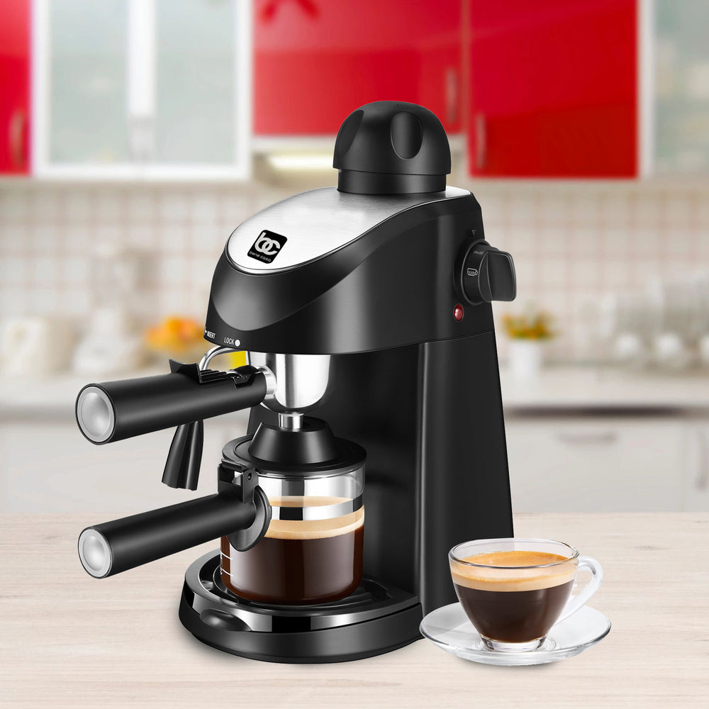 Bene Casa 4-cup espresso maker, black, milk frother, glass carafe coffee maker, cappuccino maker, easy clean coffee maker