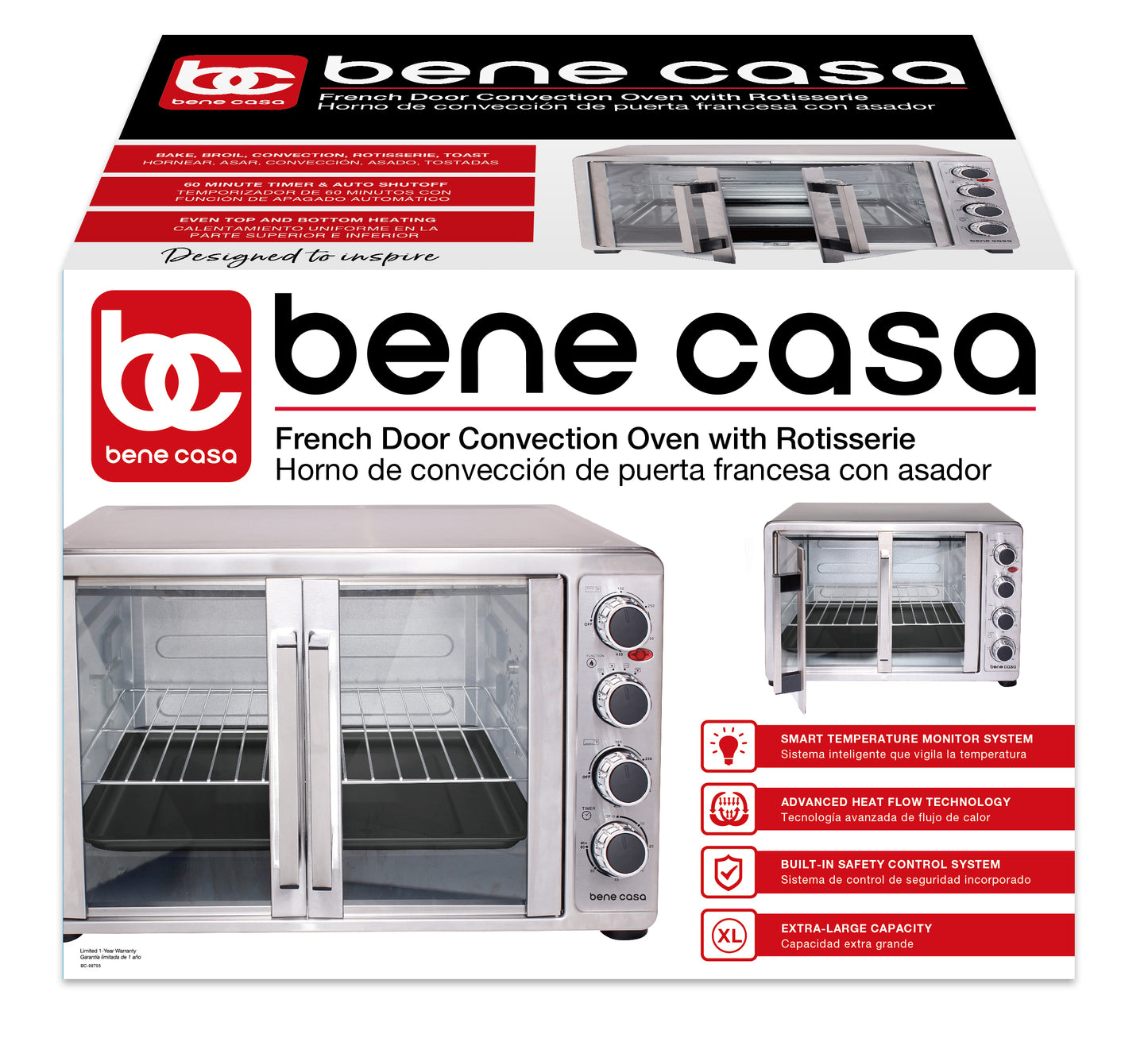 Bene Casa 45L French Door Convection Oven w/ rotisserie, Stainless Ste